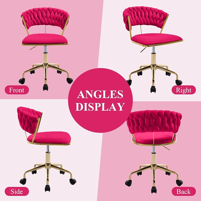 NIOIIKIT Home Office Chair, Velvet Upholstered Task Chair with Woven Open Back, 360° Swivel Desk Chair with Wheels, Adjustable Vanity Chair, Computer Chair for Office, Studio (Rose Red)