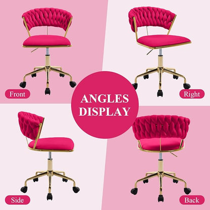 NIOIIKIT Home Office Chair, Velvet Upholstered Task Chair with Woven Open Back, 360° Swivel Desk Chair with Wheels, Adjustable Vanity Chair, Computer Chair for Office, Studio (Rose Red)