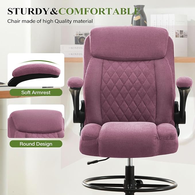Drafting Chair Tall Office Chair for Standing Desk, Ergonomic Tall Desk Chair with Adjustable Foot Ring, Flip-Up Armrests, Lumbar Support, Comfortable Fabric Seat – Ideal for Home and Office Use