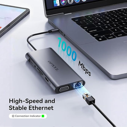 OPXYL 11-in-1 USB C Hub Multiport Adapter, USB C Docking Station with 4K HDMI, VGA 1080P, 100W PD, Ethernet, SD/TF, Audio, USB 3.0 Port, Laptop Dock for MacBook Pro/Air, iPad, Windows
