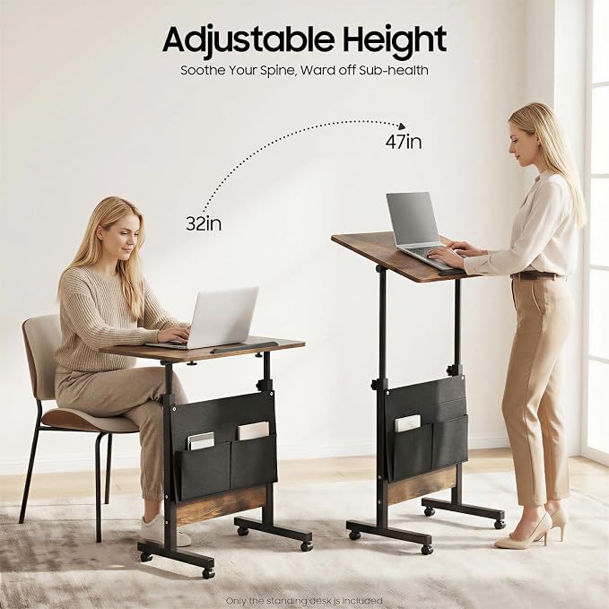 Small Mobile Standing Desk with Storage, 24" L×16" W Mobile Office Table, Rolling Laptop Table with 180° Flip, 32-47in Adjustable Height Desk for Small Spaces Home Offices