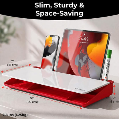 Chalkola Red/White Glass Desktop Whiteboard with Storage - Dry Erase Board, Work Desk Organizers, Computer Keyboard Stand, Home Office Desk Accessories, Workspace Desktop Buddy