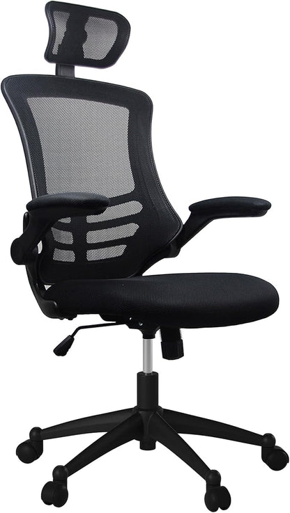 Techni Mobili Modern Ergonomic High-Back Office Chair, Executive Mesh Home Office Chair with Adjustable Headrest & Flip Up Arms, Black , 49.5" x 26.37" x 26.37"