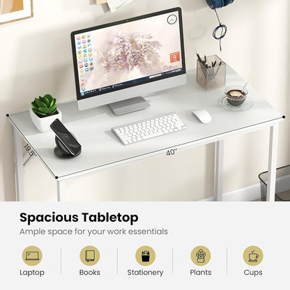 Giantex 40-Inch White Computer Desk, Home Office Desk with Heavy-Duty Metal Frame, Modern Simple Gaming Table PC Workstation, Versatile Small Desk for Bedroom, Small Spaces