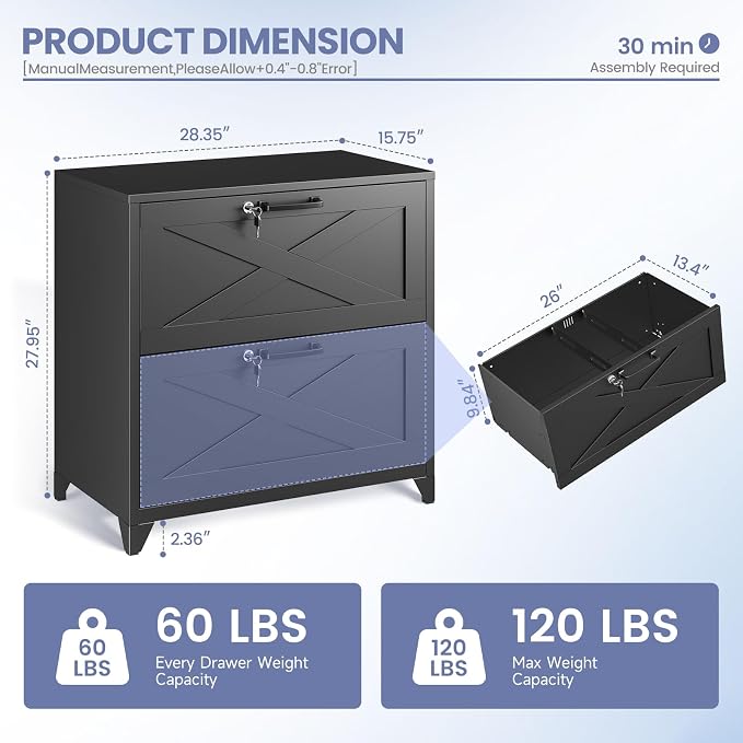 Farmhouse File Cabinet with Lock, Lateral File Cabinet with 2 Large Drawer for Letter/Legal/A4 Hanging Files,File Storage Cabinets Printer Stand for Home Office School, Black
