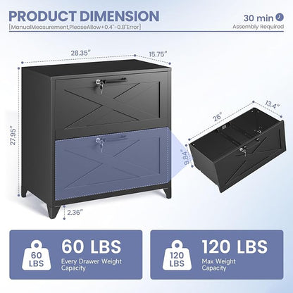 Farmhouse File Cabinet with Lock, Lateral File Cabinet with 2 Large Drawer for Letter/Legal/A4 Hanging Files,File Storage Cabinets Printer Stand for Home Office School, Black