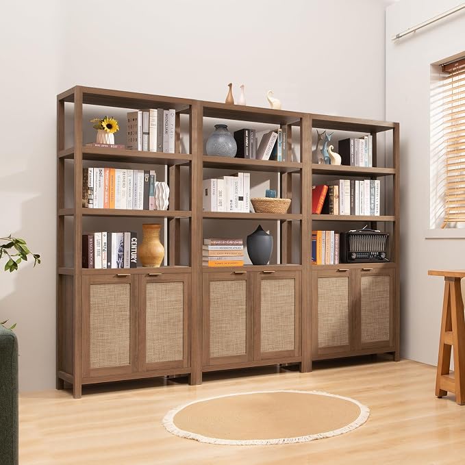 SICOTAS Bookshelf 5 Tier Book Shelf Rattan Boho 71" Tall Bookcase with Doors Storage Shelves Large Bookshelves Farmhouse Bookcases Library Book Case for Living Room Bedroom Home Office Kitchen | Book Shelf