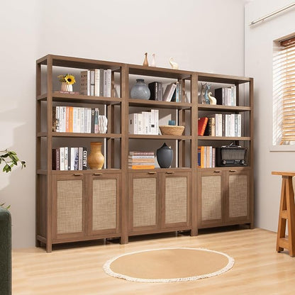 SICOTAS Bookshelf 5 Tier Book Shelf Rattan Boho 71" Tall Bookcase with Doors Storage Shelves Large Bookshelves Farmhouse Bookcases Library Book Case for Living Room Bedroom Home Office Kitchen