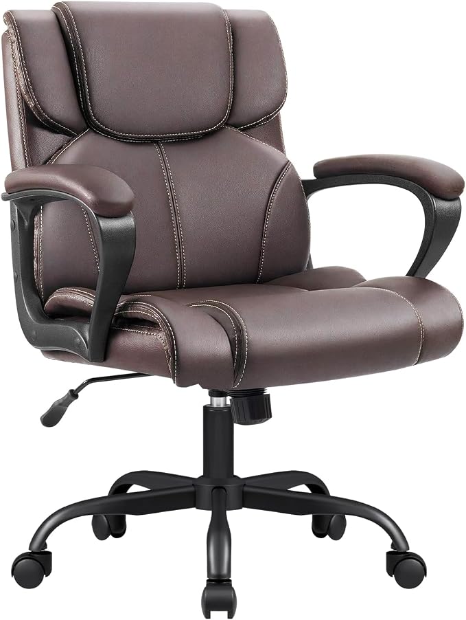 Furmax Mid Back Executive Office Chair Swivel Computer Task Chair with Armrests,Ergonomic Leather-Padded Desk Chair with Lumbar Support (Brown)