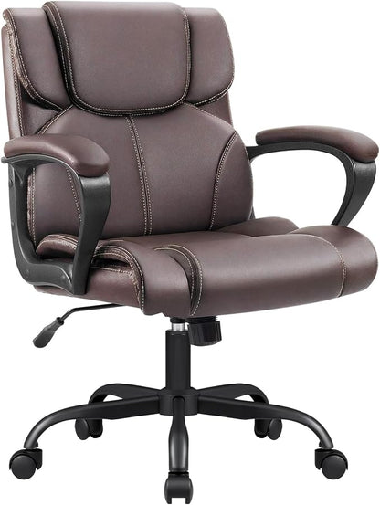 Furmax Mid Back Executive Office Chair Swivel Computer Task Chair with Armrests,Ergonomic Leather-Padded Desk Chair with Lumbar Support (Brown)
