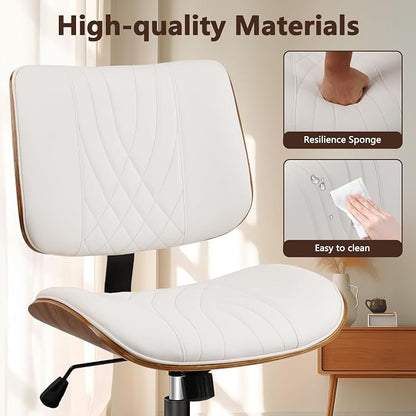 CLATINA Armless Home Office Chair, Desk Chair with Wheels, Adjustable Height Reading Chairs, Leather Mid Back & Swivel Computer Chairs, Modern Walnut with Back for Study Meeting Room(White) 4Pack