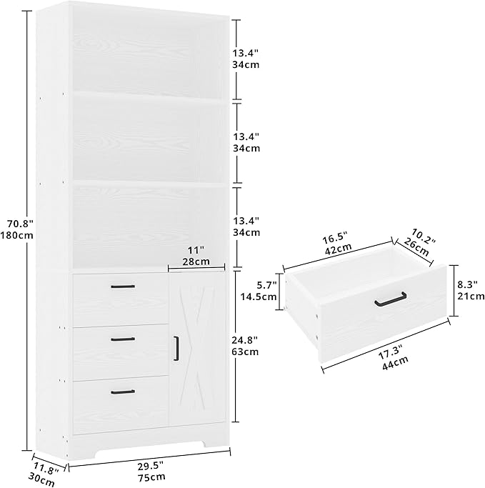 IRONCK Bookshelf with Doors and 3 Drawers 71 in Tall Bookcase with 3-Tier Shelves, Industrial Book Shelf with Storage for Living Room Entrance Hallway Home Office, White