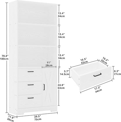 IRONCK Bookshelf with Doors and 3 Drawers 71 in Tall Bookcase with 3-Tier Shelves, Industrial Book Shelf with Storage for Living Room Entrance Hallway Home Office, White