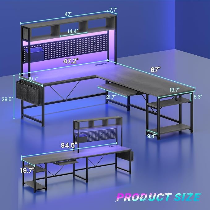 SEDETA L Shaped Desk, 94.5 Inch Home Office Desk with Power Outlet & Pegboard, L Shaped Gaming Desk with LED Light, Keyboard Tray, Storage Shelves and Headphone Hook for Home Office, Grey