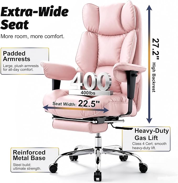 Efomao Executive Office Chair 400lbs,Pink Big and Tall Desk Chair | Mattress-grade pocket spring cushion, sleek leather, 135° recline & footrest for computer gaming setup.