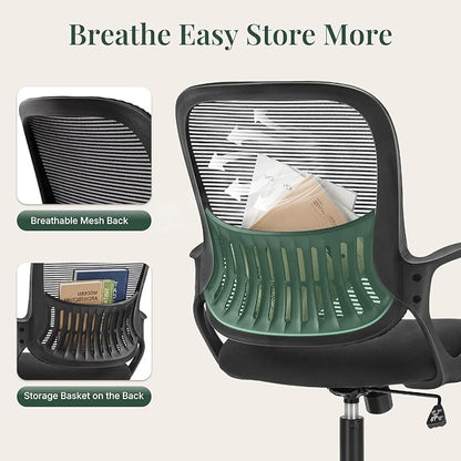Home Office Desk Chair, Ergonomic Mid-Back Mesh Computer Task Chair with Comfortable Lumbar Support, Height Adjustable Swivel with Fixed Armrest for Adults, Student, Black