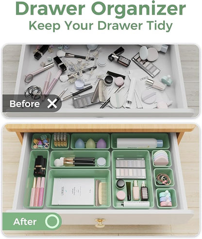 BiuLeon 25 PCS Plastic Drawer Organizers Set, 4-Sizes Vanity and Makeup Organizer, Desk and bathroom Drawer Organizer Trays, Organizers and Storage for Makeup, Jewelry, Gadgets, Utensils (Green)