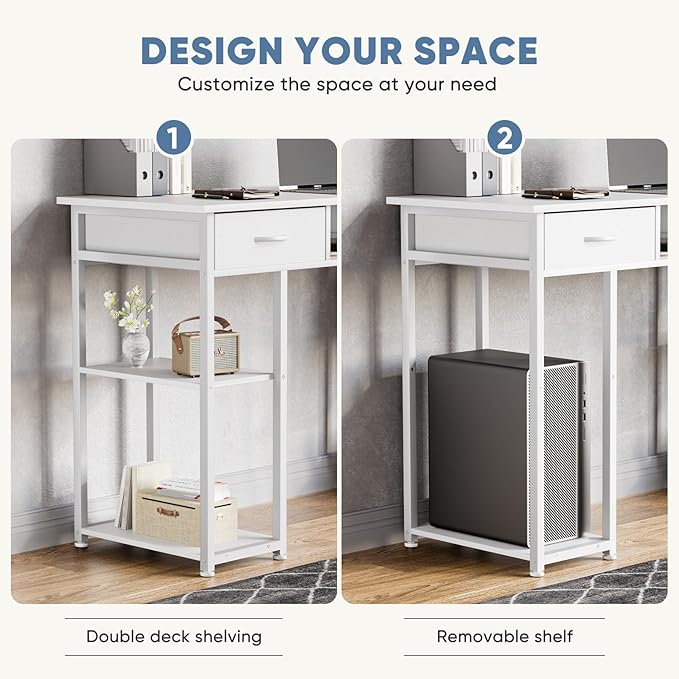 Sweetcrispy Computer Gaming Desk with Fabric Drawers - 48 Inch Home Office Bedroom Writing StudyTable with Storage Shelves Adjustable Feet PC Desk, White