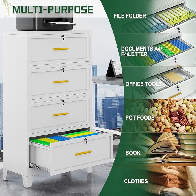 erosoei 4 Drawer File Cabinet with Lock, Metal Lateral File Cabinets for Home Office, Steel Wide Filing Organization Storage Cabinets, Home Office Furniture for Hanging Files Letter/Legal/F4/A4 Size