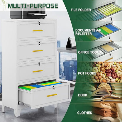 erosoei 4 Drawer File Cabinet with Lock, Metal Lateral File Cabinets for Home Office, Steel Wide Filing Organization Storage Cabinets, Home Office Furniture for Hanging Files Letter/Legal/F4/A4 Size