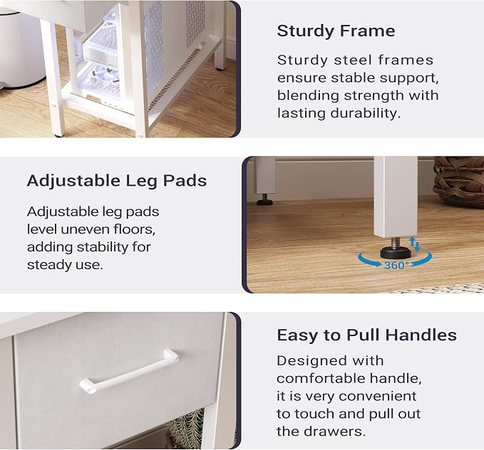 Furnify White Computer Desk with Drawers, 42 Inch Home Office Desk Study Writing Table, Gaming Desk with USB Power Outlets, Office Desk with Fabric Drawer, Work Table with Shelf for Bedroom, White
