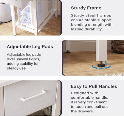 Furnify White Computer Desk with Drawers, 42 Inch Home Office Desk Study Writing Table, Gaming Desk with USB Power Outlets, Office Desk with Fabric Drawer, Work Table with Shelf for Bedroom, White