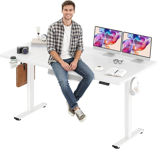 SANODESK Electric Standing Desk 71 x 32 Inches, Height Adjustable Sit Stand with Large Splice Board Desktop for Home Office, Computer Workstations，Memory Ergonomic Computer Desk, White Frame/White Top