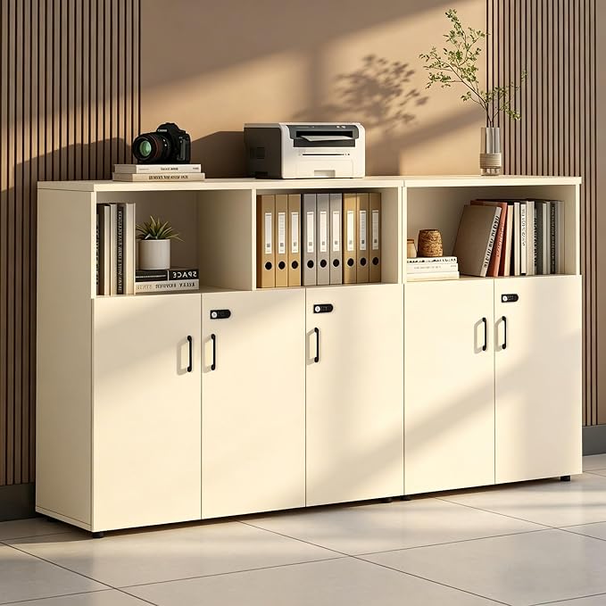 File Cabinet with Password Lock, Wood Lateral Filing Cabinet for Letter/A4 Files, 3 Drawer with Door, Printer Stand with Open Shelves for Home Office