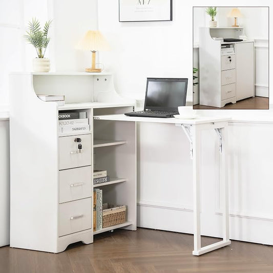 Folding Desk with Storage,Hidden Desk with Lockable Drawers & Shelves, Built-in Power Outlet,Fold Out Desk for Study and Home Office