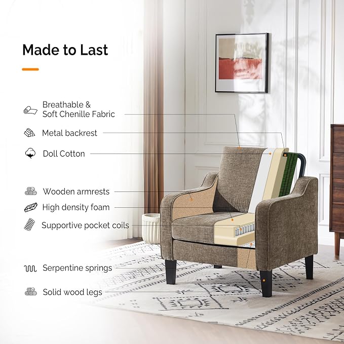 VINGLI Accent Chair for Living Room Chairs Light Brown Reading Chair for Bedroom Scooped Arm Chair Mid Century Modern Accent Chairs Upholstered Comfy Chair for Apartment, Waiting Room