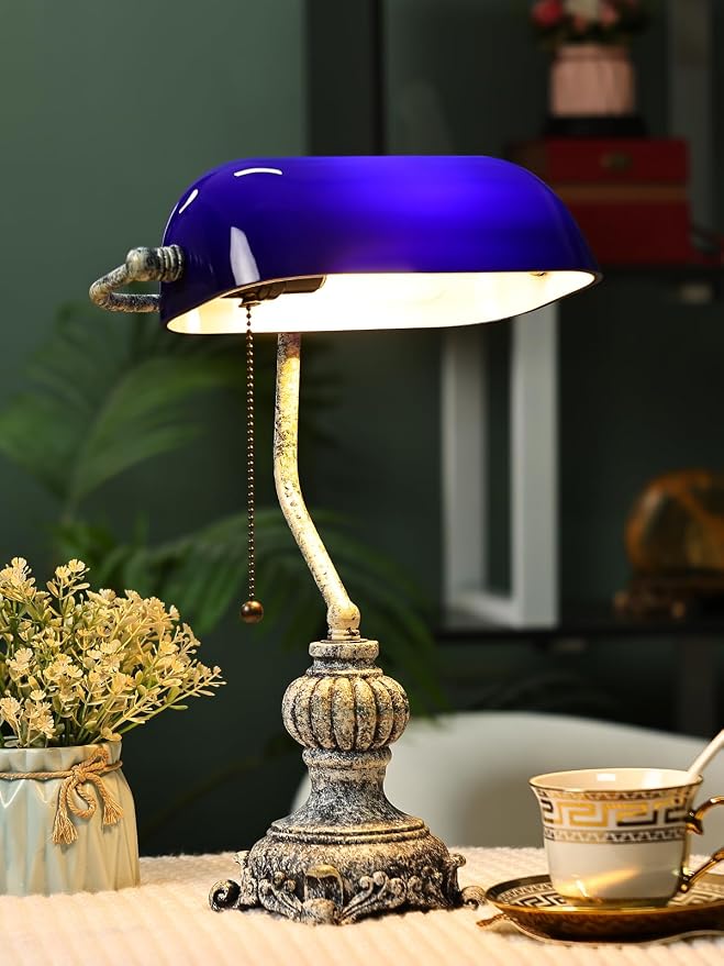 Retro Blue Glass Bankers Desk Lamp,LED Bulb Included | Home Office Library with Pull Chain Switch Plug in Fixture