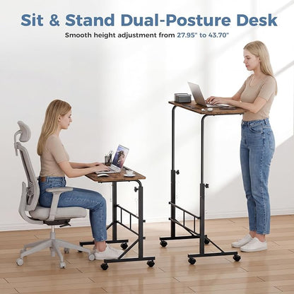 DUMOS 31.5" Walking Pad Desk, Portable Adjustable Height Rolling Laptop Desk with Lockable Wheels, Mobile Stand Up Computer Workstation for Treadmill Home Office Rustic Brown