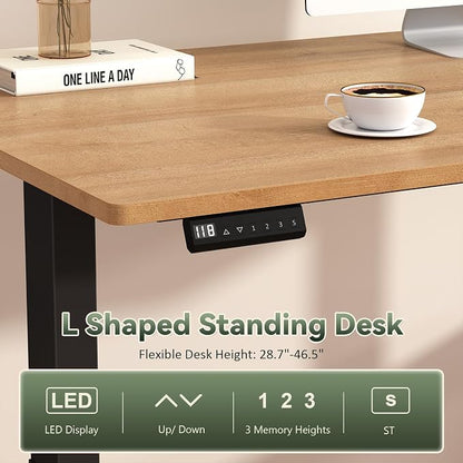 YOMILUVE Fluted L Shaped Standing Desk, 66 inch Corner Electric Standing Desk with Drawers ＆ Storage Shelves, Height Adjustable Computer Desk with Power Outlets for Home Office (Oak)