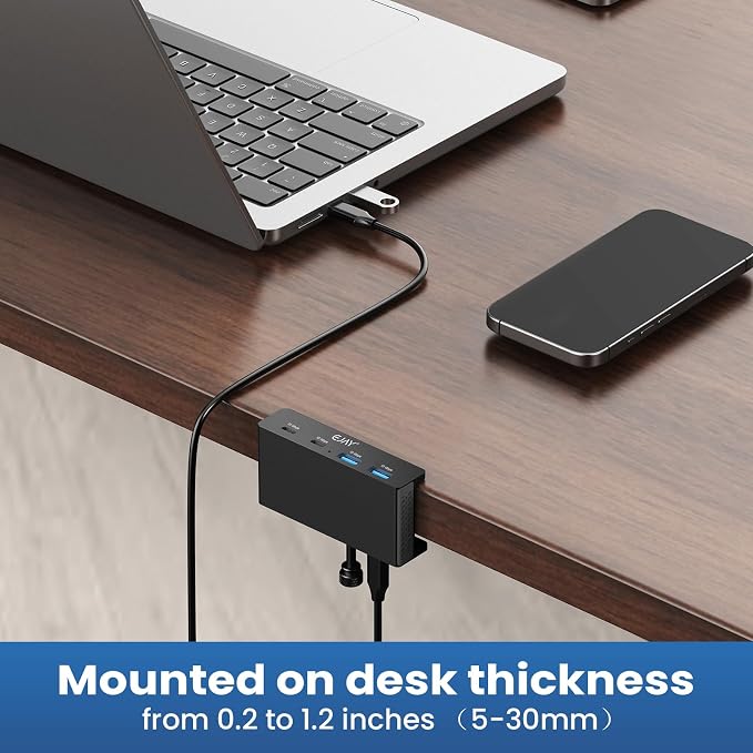 EJAY 4Ports 10Gbps USB-C HUB USB3.2 Clamp USB HUB Splitter,Mountable USB-C Adapter with Data & Power Cable for iMac 2021 and later-10Gbps (Black)