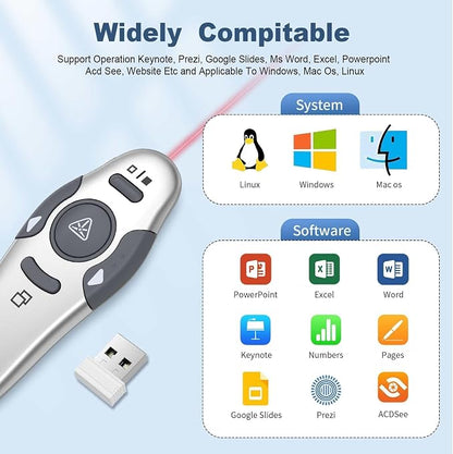 QUI Presentation Clicker Wireless Presenter Remote Clicker for PowerPoint Presentation Remote, PowerPoint Slide Advancer for Mac/Windows/Google Slide/Keynote, Silver, A