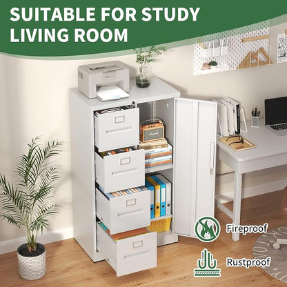 File Cabinet 4 Drawer, Vertical File Cabinet with Lock and 1 Door, File Cabinet with Storage Shelves for A4 Legal/Letter, Assembly Required (White)