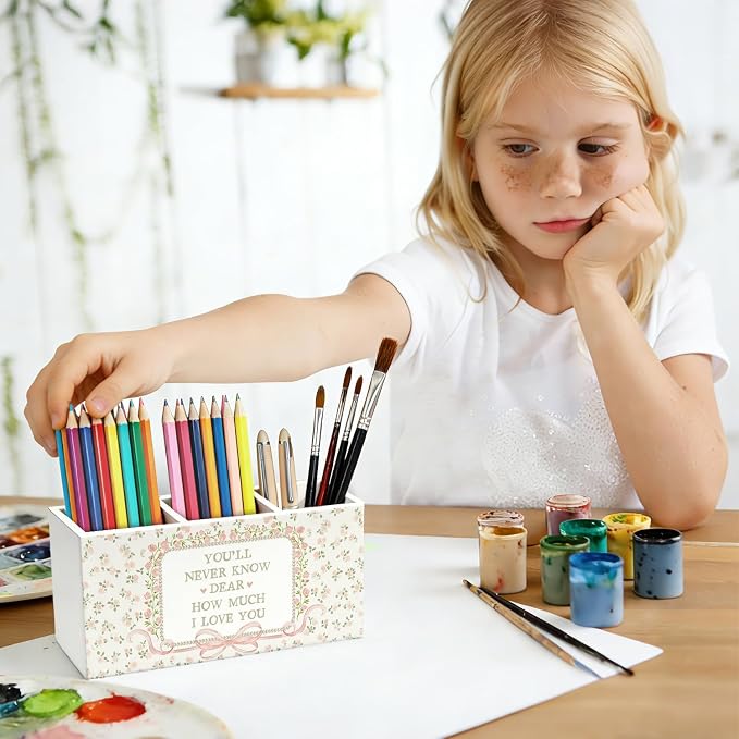 Pink Floral Pen Pencil Holder for Desk, Girl Nursery Decor, You'll Never Know Dear How Much I Love You Wooden Box Sign Decorations for Girls Room Bedroom Playroom Classroom Desk Tabletop