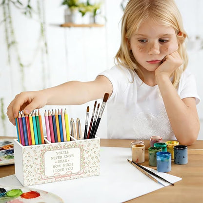 Pink Floral Pen Pencil Holder for Desk, Girl Nursery Decor, You'll Never Know Dear How Much I Love You Wooden Box Sign Decorations for Girls Room Bedroom Playroom Classroom Desk Tabletop
