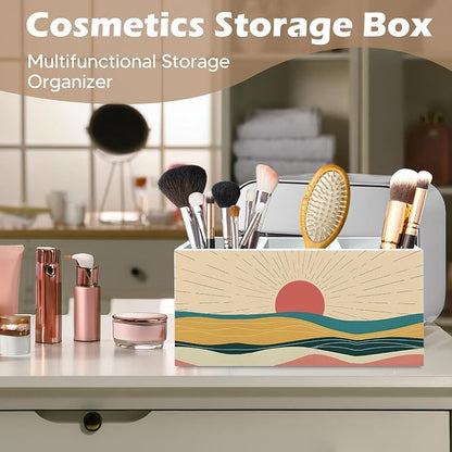 DILSJ Boho Abstract Sunshine Pen Pencil Holder Organizer for Desk, Boho Office Decor, Mid Century Modern Minimalist Sunshine Landscape Wooden Box Signs for Home Office Desk Tabletop Decoration