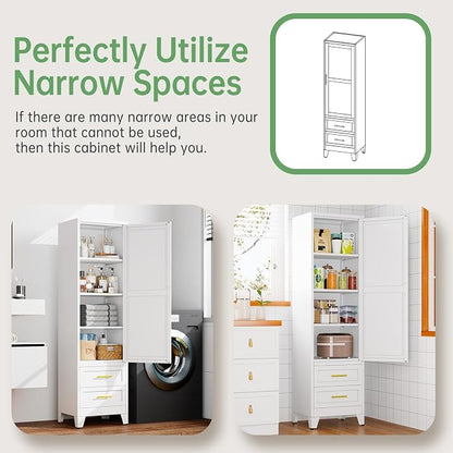 Ckzbx Tall Narrow Storage Cabinet, 66.93" H Tall Bathroom Cabinet Metal Pantry Cabinets with Drawers, 3 Adjustable Shelves, for Kitchen, Bathroom, Home Office, Living Room (White)