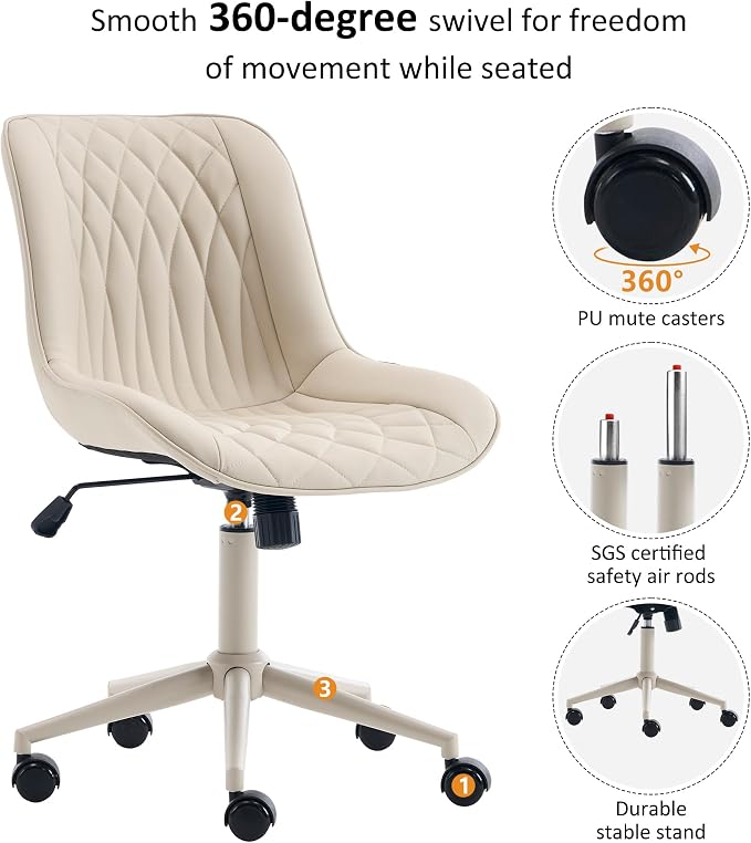 YOUNIKE Cream Faux Leather Ergonomic Office Chair Armless Comfy Desk Chair with Rocking Back Cute Swivel Vanity Chair with Wheels Height Adjustable Small Computer Task Chair for Sewing Drafting