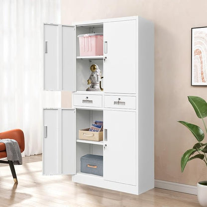 CJF Metal Storage Cabinet with Adjustable Shelves and Drawers, 71" H Locking Pantry Storage Cabinet for Office, Garage, Home, School, Utility (White)
