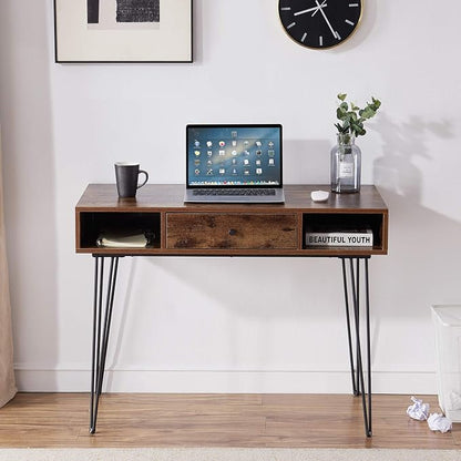 VECELO 39.3" Home Office Work Table with Drawers,Computer Desk with Hairpin Leg for Writing/Study,Retro Brown