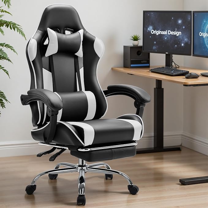 Sweetcrispy Computer Gaming Chair: Ergonomic High Back PU Leather Video Racing Chair with Adjustable Headrest & Footrest, Linkage Armrest, for Office and Home, White