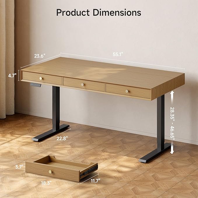 Electric Standing Desk with 3 Drawers, 55 x 24 Inch Height Adjustable Stand up Desk with Storage and Widened Legs, Retro Home Office Desks with Memory Controller for Computer Workstation, Oak Brown