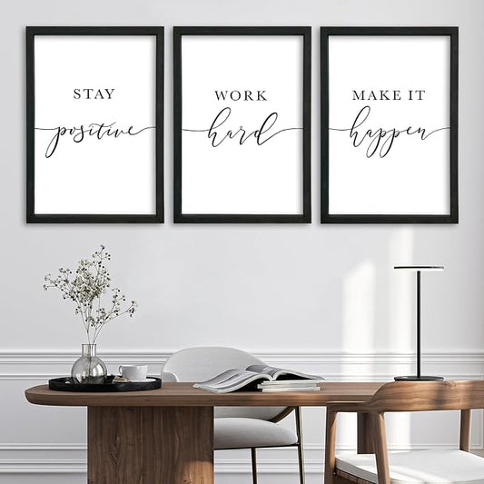Stay Positive Work Hard Make It Happen Wall Art 16x24–3Pc Wood Frame Office | Motivational Quotes Wall Decor Inspirational Signs Black Frame Home Hanging Art