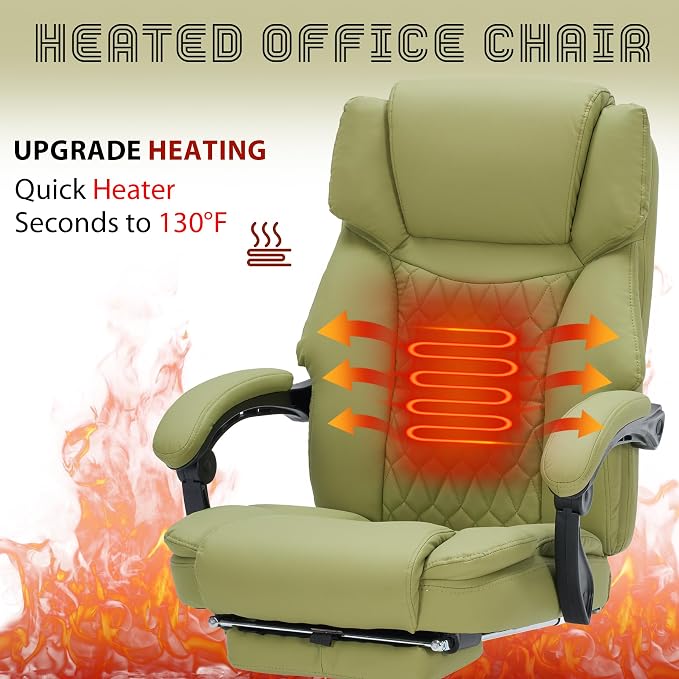 Massage Office Chair with Foot Rest 6 Points Vibration and Heat Home Office Desk Chairs for Heavy People 400lbs Reclining Managerial Chairs Ergonomic Executive Chair (Green)
