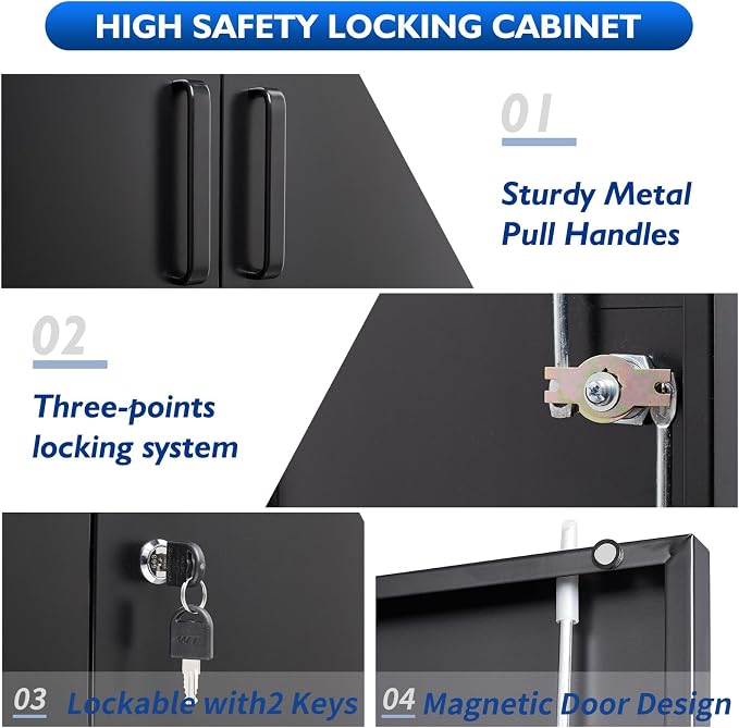 36" H Metal Garage Cabinet, 2 Doors Storage Cabinets, Steel Utility Tool Caninet, Short Locking Caninets with Adjustable Shelves, Black Lockable File Cabnet Cupboard for Home/Office/School/Shop