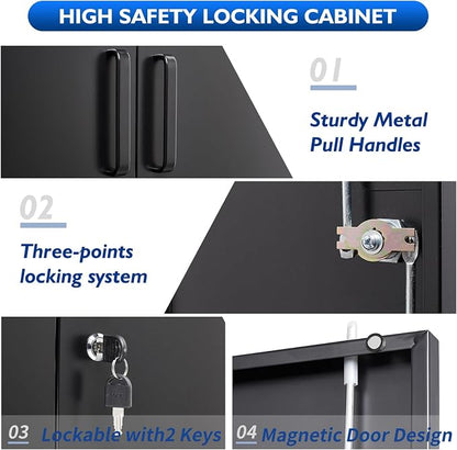 36" H Metal Garage Cabinet, 2 Doors Storage Cabinets, Steel Utility Tool Caninet, Short Locking Caninets with Adjustable Shelves, Black Lockable File Cabnet Cupboard for Home/Office/School/Shop