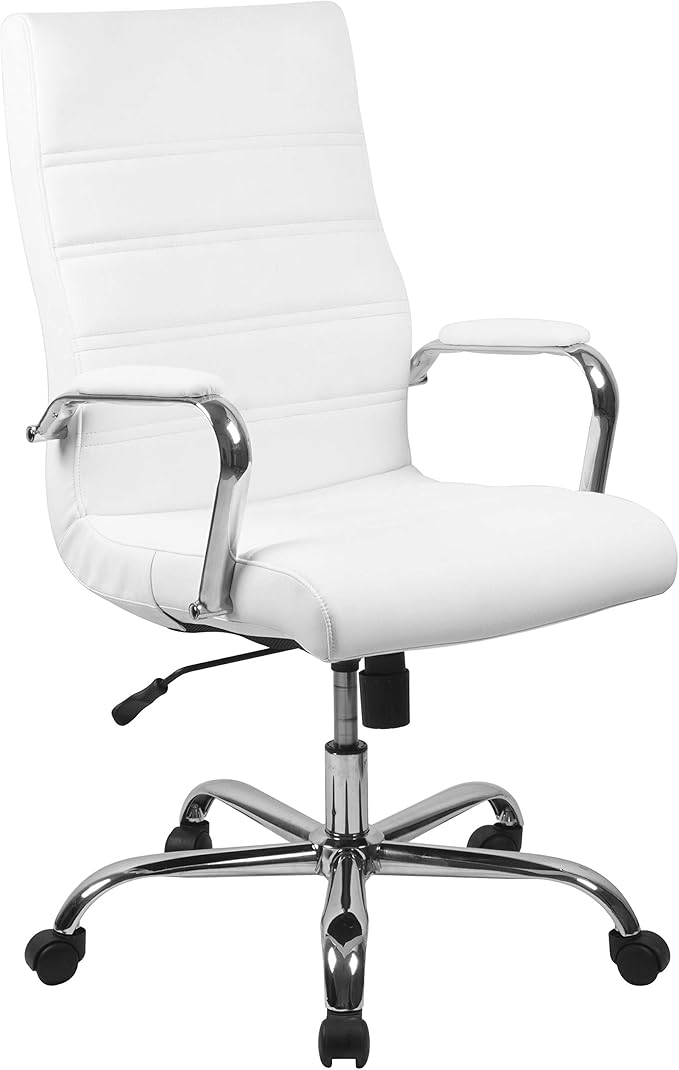 EMMA + OLIVER Faux Leather High-Back Swivel Home Office Desk Chair with Wheels, Padded Seat, and Armrests, Adjustable Height Multipurpose Office Chair, White/Chrome